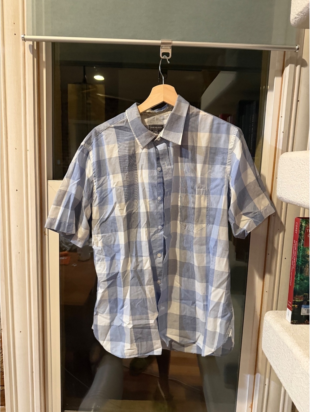 Van Heusen blue plaid short sleeve button-up shirt